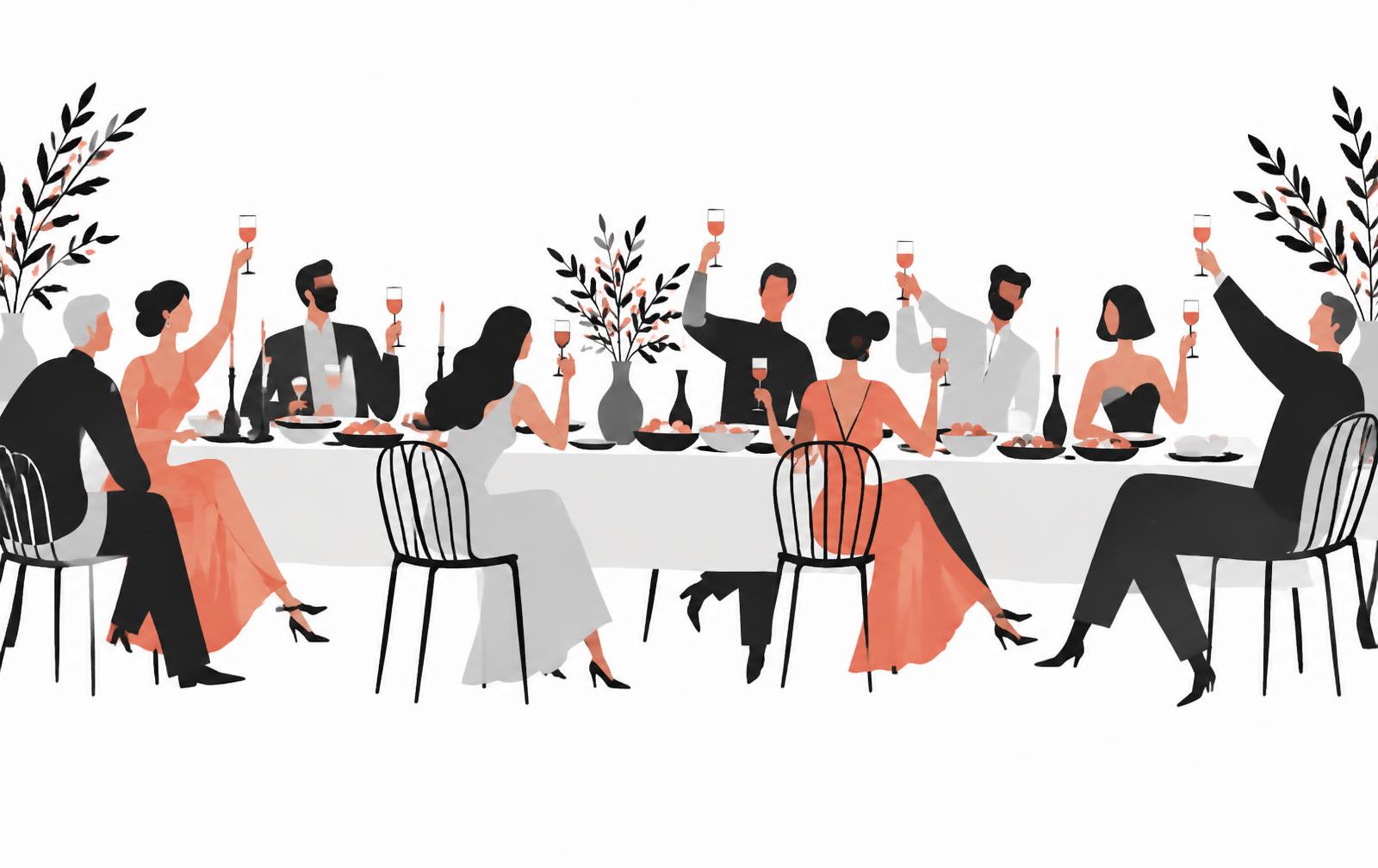 Ilustración abstracta de personas brindando alrededor de una mesa